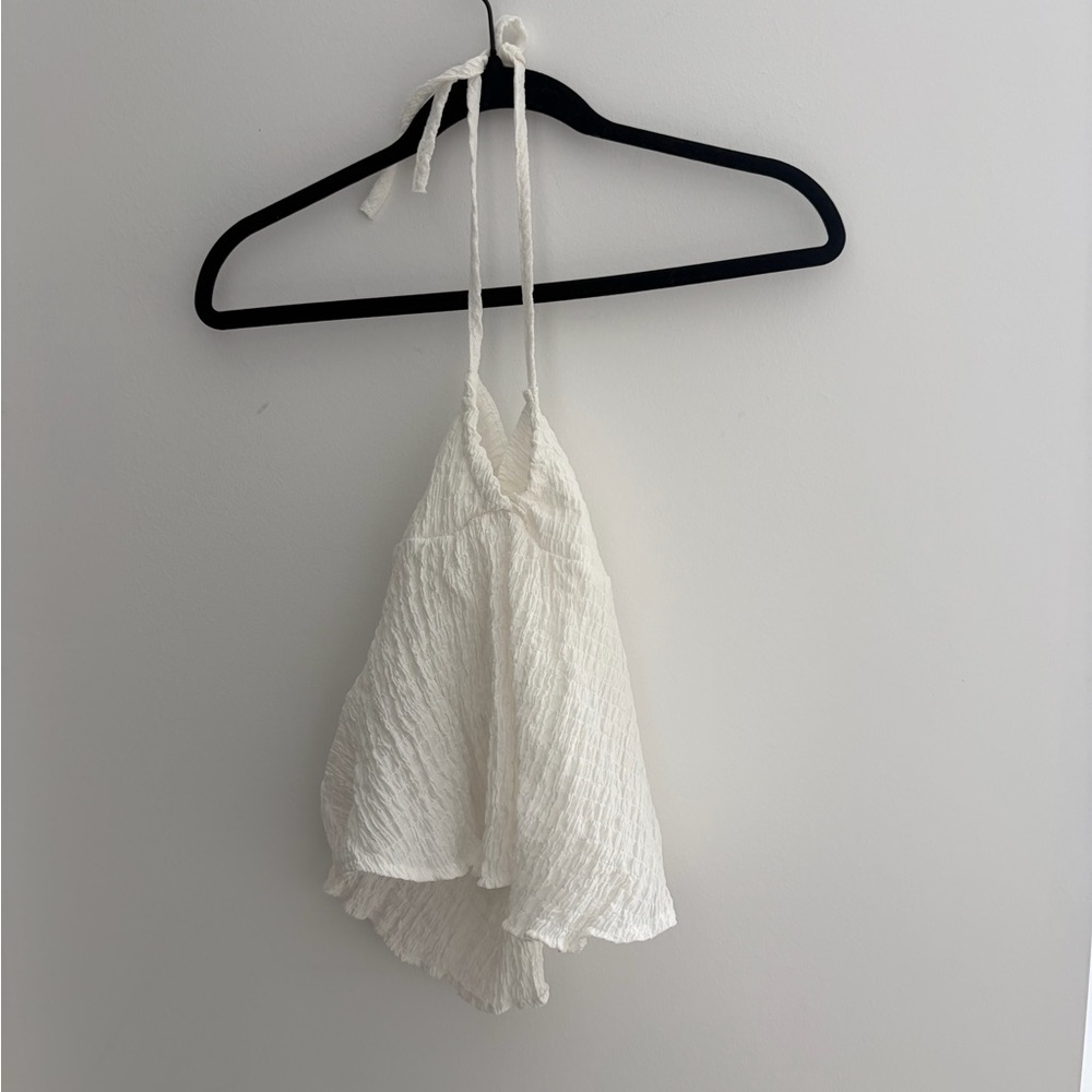White Textured Halter Crop Top